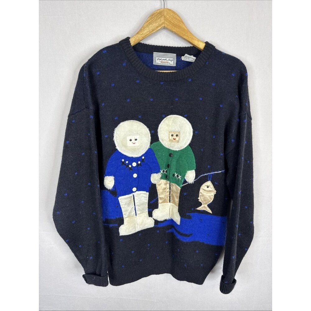 Vintage Piknik Solo‎ by Snazzie Novelty Sweater Women’s M Ice Fishing Inuit
